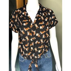 Hot Topic Corgi Party Button Up Tie Front SS Shirt Black Brown Size Medium